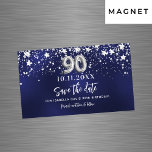 Navy blue stars 90th birthday Save the Date magnet<br><div class="desc">A modern and elegant Save the Date magnet for a 90th birthday party.   A navy blue background decorated with faux silver stars. Personalise and add a date and name. The blue colour is uneven.  The text: Save the Date is written with a large trendy hand lettered style script.</div>