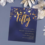 Navy blue stars budget 50th birthday invitation<br><div class="desc">A modern, stylish invitation for a 50th birthday party for both him and her. Decorated with golden stars. Navy blue background and the word Fifty written with large faux gold letters. The blue colour is uneven. Personalise and add a name and party details. 1 sheet = 1 invitation printed edge...</div>