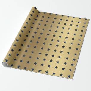 Navy Blue Stars Pattern on Metallic Gold Wrapping Paper