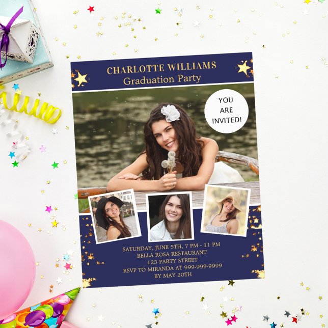 Navy blue stars photo graduation party invitation (Creator Uploaded)