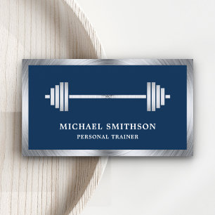 Navy Blue Steel Barbell Fitness Personal Trainer Business Card