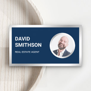 Navy Blue Steel Silver Photo Real Estate Agent Business Card