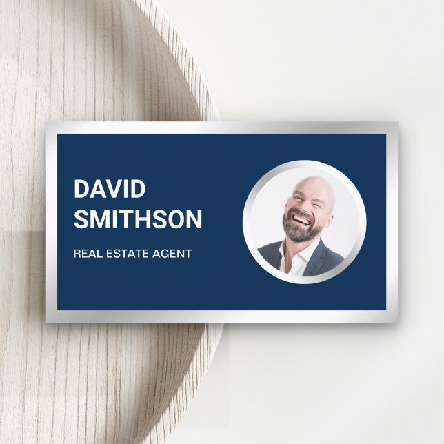 Navy Blue Steel Silver Photo Real Estate Agent Business Card (Creator Uploaded)