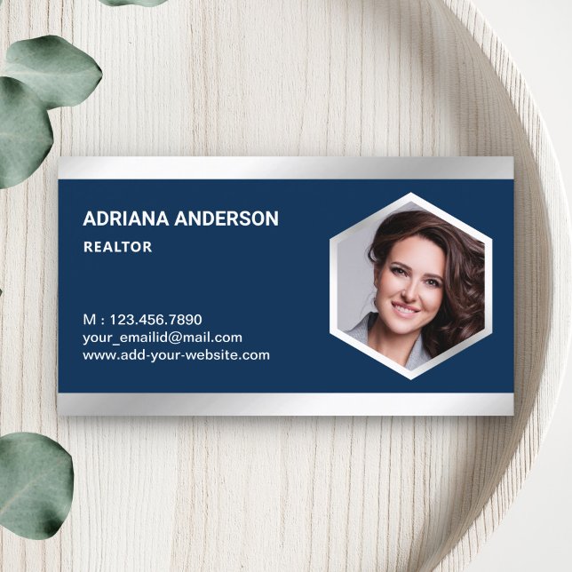 Navy Blue Steel Silver Real Estate Photo Realtor Business Card (Creator Uploaded)