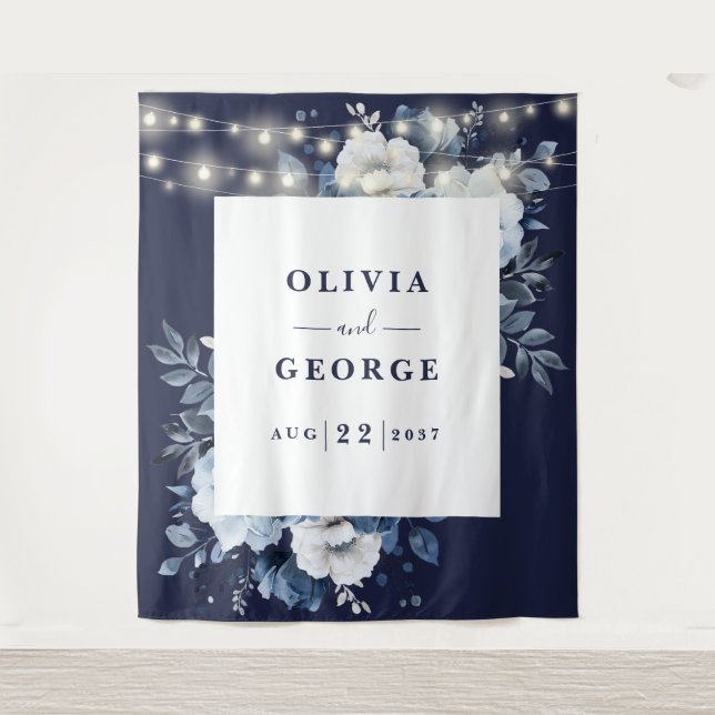 Navy Blue String Light Floral Photo Booth Backdrop Tapestry (Front)