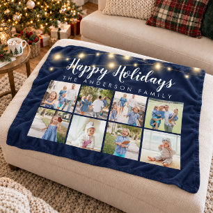 Navy Blue String Lights 8 Photo Collage Holiday Fleece Blanket