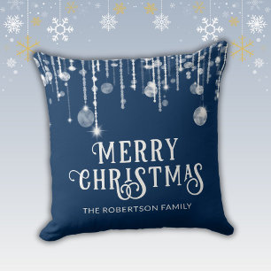 Navy Blue String Lights Christmas Cushion
