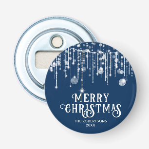 Navy Blue String Lights Christmas Party Bottle Opener