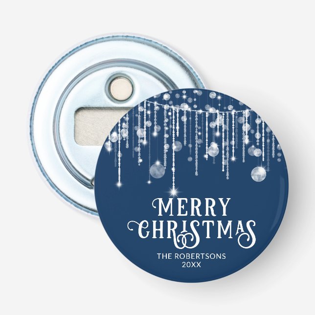 Navy Blue String Lights Christmas Party Bottle Opener (Front)