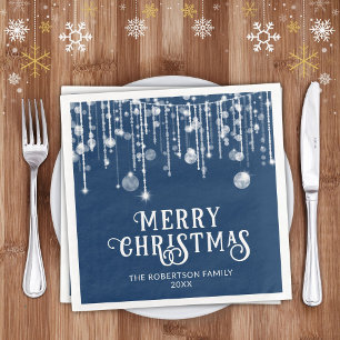 Navy Blue String Lights Christmas Party Napkin