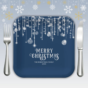 Navy Blue String Lights Christmas Party Paper Plate