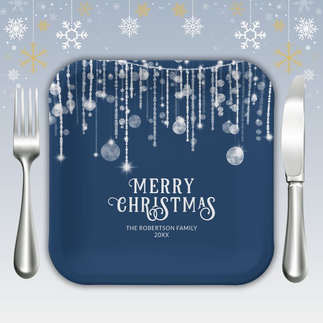 Navy Blue String Lights Christmas Party Paper Plate (Creator Uploaded)