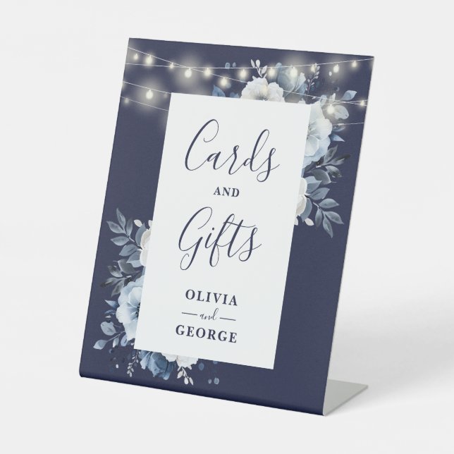 Navy Blue String Lights Floral Cards And Gifts Pedestal Sign (Front)
