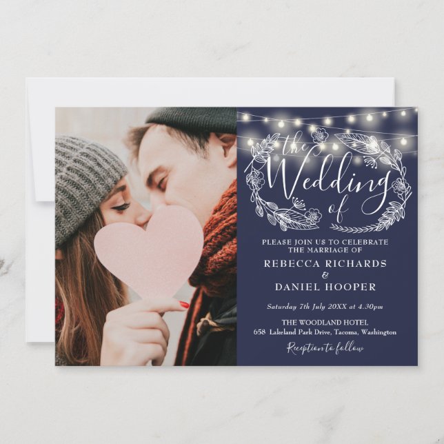 Navy Blue String Lights Floral Photo Wedding Invitation (Front)