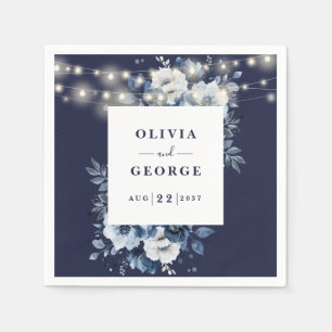 Navy Blue String Lights Floral Wedding Napkin