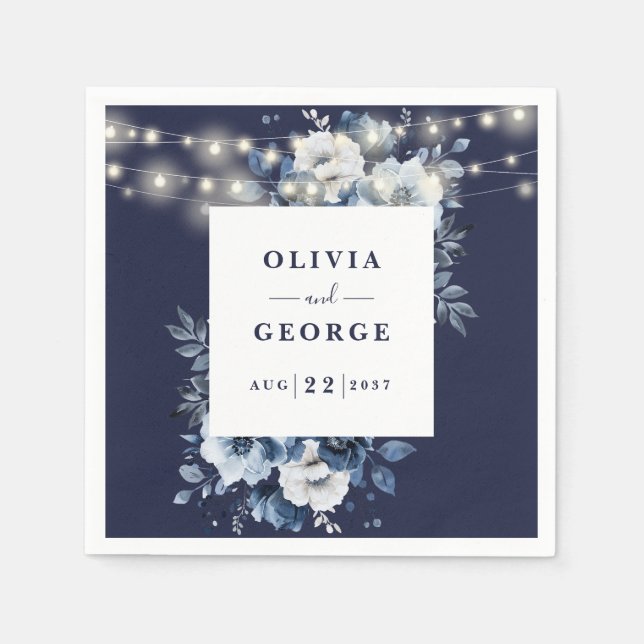 Navy Blue String Lights Floral Wedding Napkin (Front)