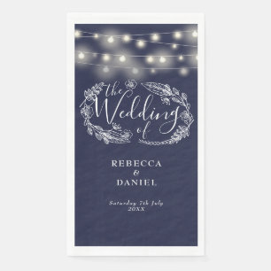 Navy Blue String Lights Floral Wedding Napkin