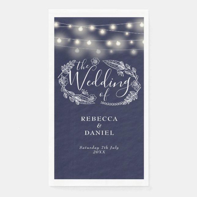 Navy Blue String Lights Floral Wedding Napkin (Front)