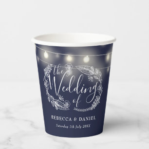 Navy Blue String Lights Floral Wedding Paper Cups