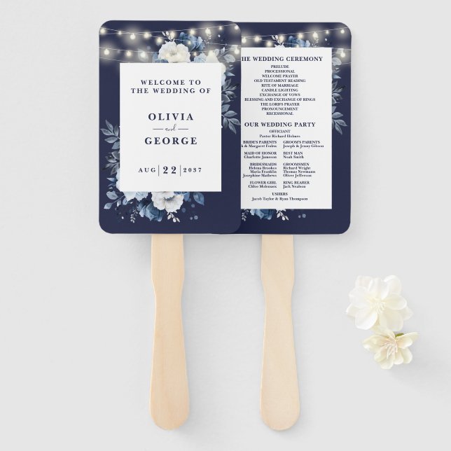 Navy Blue String Lights Floral Wedding Program Hand Fan (Front and Back)