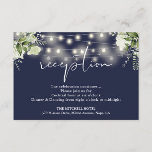 Navy Blue String Lights Floral Wedding Reception Enclosure Card