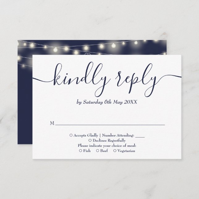Navy Blue String Lights Floral Wedding RSVP Card (Front/Back)