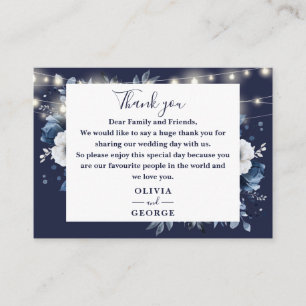Navy Blue String Lights Floral Wedding Thank You Place Card
