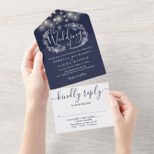Navy Blue String Lights Foliage Wedding All In One Invitation