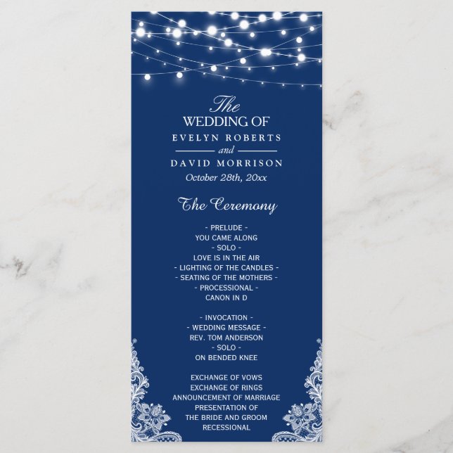 Navy Blue String Lights Lace Wedding Program Programme (Front)