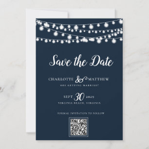 Navy Blue String Lights Modern Script Save the Date