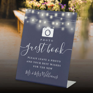 Navy Blue String Lights Photo Guest Book Pedestal Sign
