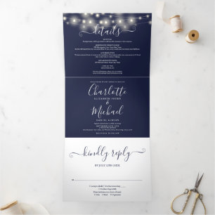 Navy Blue String Lights Script Monogram Wedding Tri-Fold Invitation