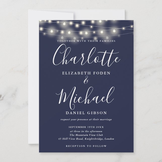 Navy Blue String Lights Script Photo Wedding  Invitation (Front)