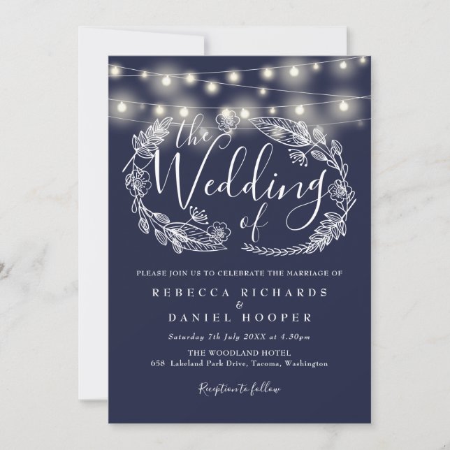 Navy Blue String Lights Script Wedding Invitation (Front)