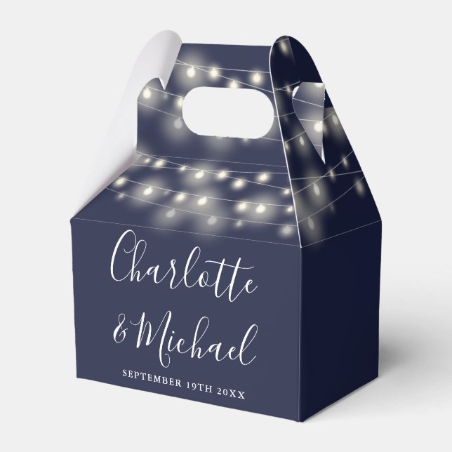 Navy Blue String Lights Signature Script Wedding Favour Box (Front Side)