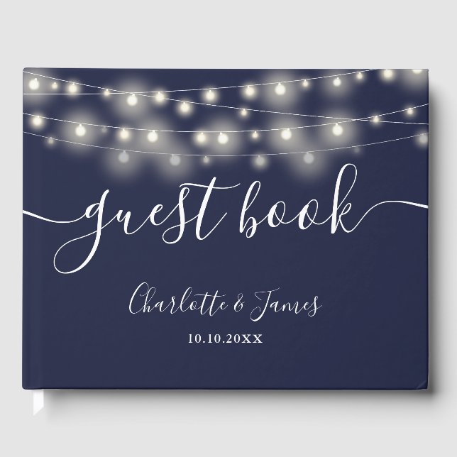 Navy Blue String Lights Signature Script Wedding Guest Book (Front)