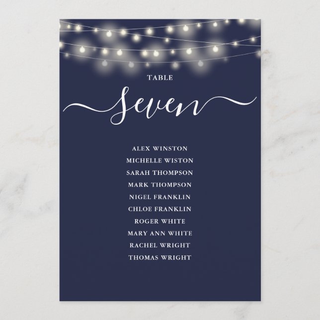 Navy Blue String Lights Table Number Seating Chart (Front)