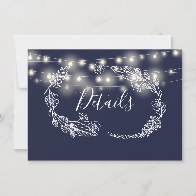 Navy Blue String Lights Wedding Details Card (Front)