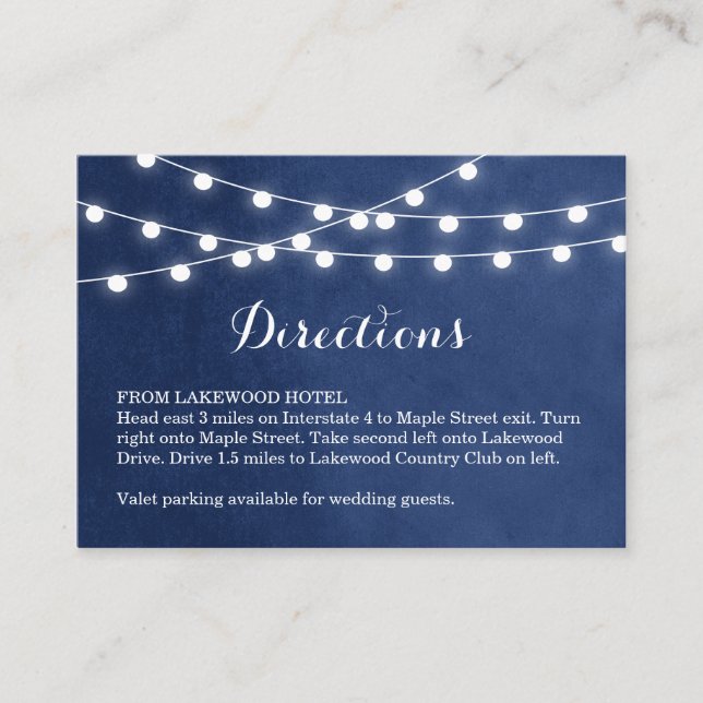 Navy Blue String Lights Wedding Directions Insert (Front)