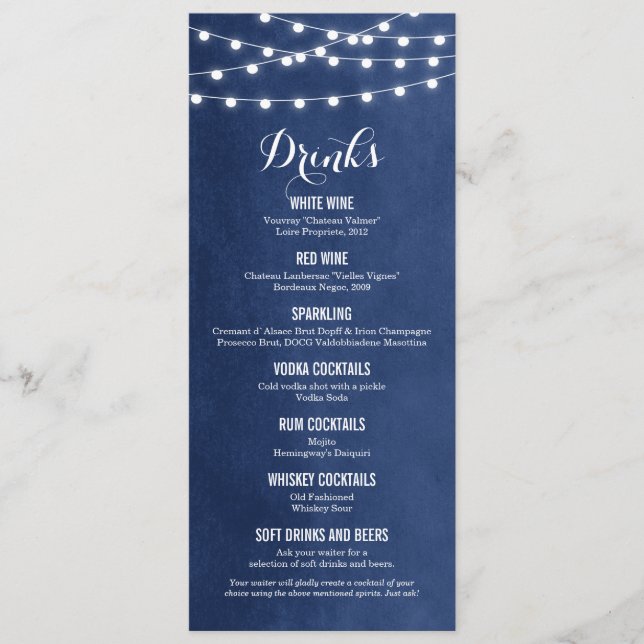 Navy Blue String Lights Wedding Drink Menu Card (Front)