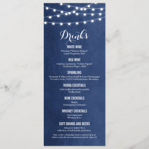 Navy Blue String Lights Wedding Drink Menu Card