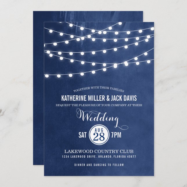 Navy Blue String Lights Wedding Invitation (Front/Back)