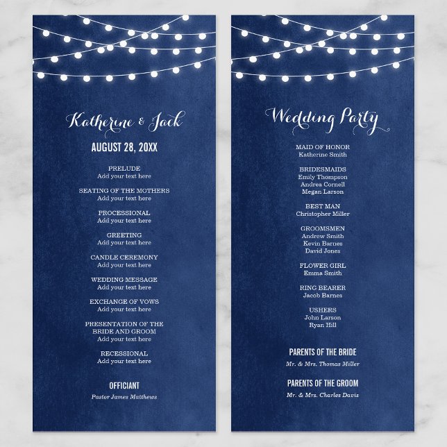 Navy Blue String Lights Wedding Program Programme (Creator Uploaded)