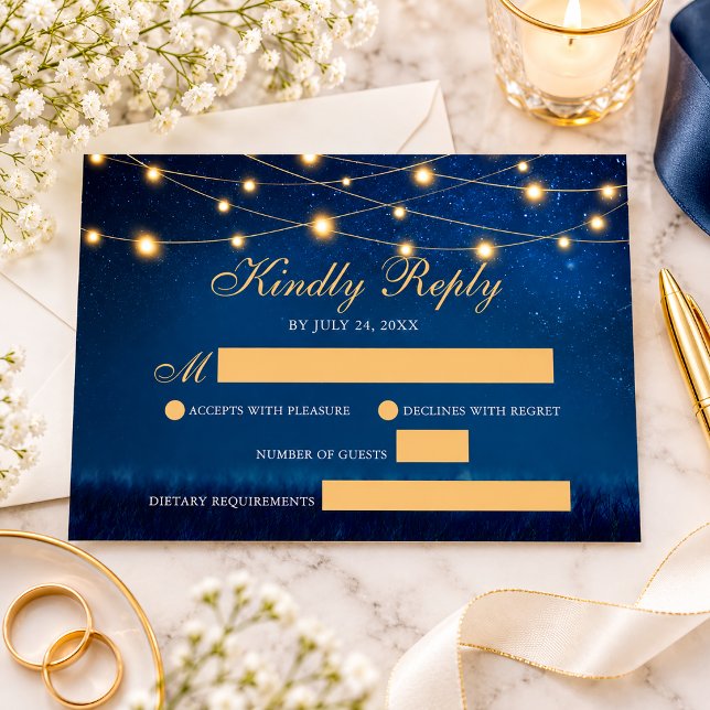 Navy Blue String Lights Wedding RSVP Card (Creator Uploaded)