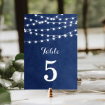 Navy Blue String Lights Wedding Table Numbers<br><div class="desc">Chic modern summer wedding table number card design with simple elegant glowing string lights hanging across the top and a classy mix of modern and calligraphy script fonts on a printed faux watercolor texture background. A simple and stylish preppy design, perfect for summer! Click the CUSTOMIZE IT button to customise...</div>