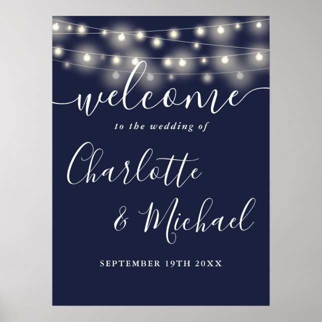 Navy Blue String Lights Wedding Welcome Sign (Front)