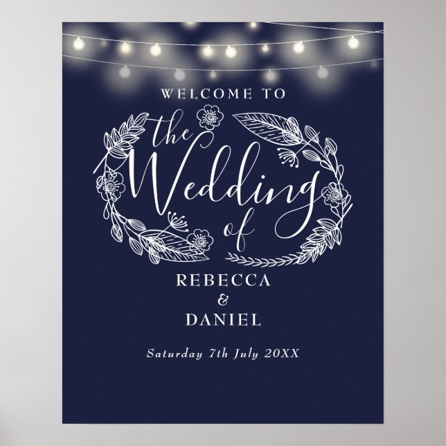 Navy Blue String Lights Wedding Welcome Sign (Front)