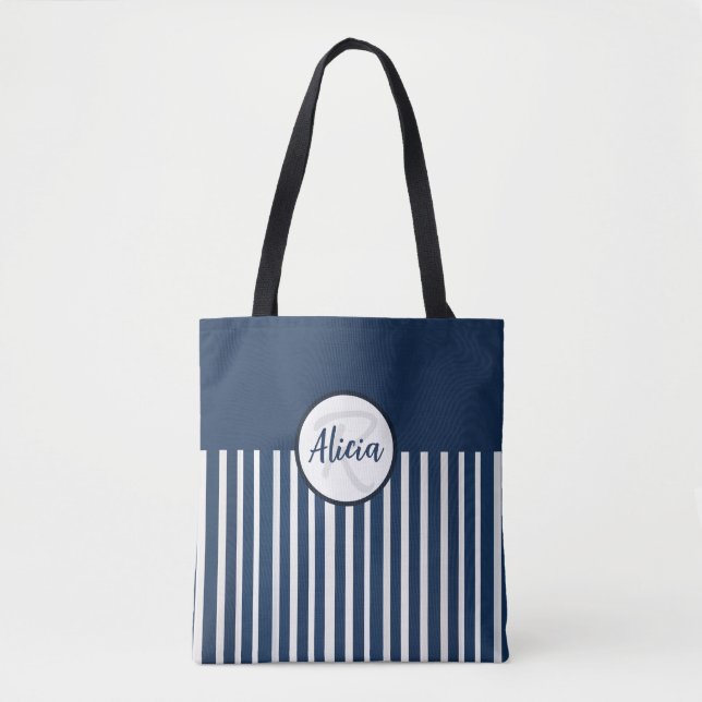 Navy Blue Stripe and Colour Block Tote Bag (Front)