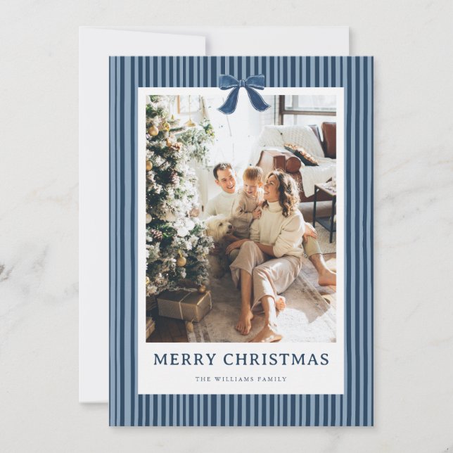 Navy Blue Stripe Bow Christmas Photo Holiday Card (Front)