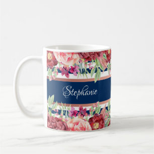 Navy Blue Stripe Burgundy Floral Personalised Name Coffee Mug